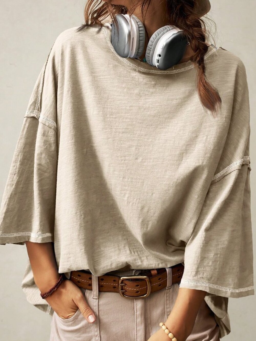 Apricot Casual Women's Knit Round Neck 3/4 Sleeve Loose Washed T-Shirt Boho